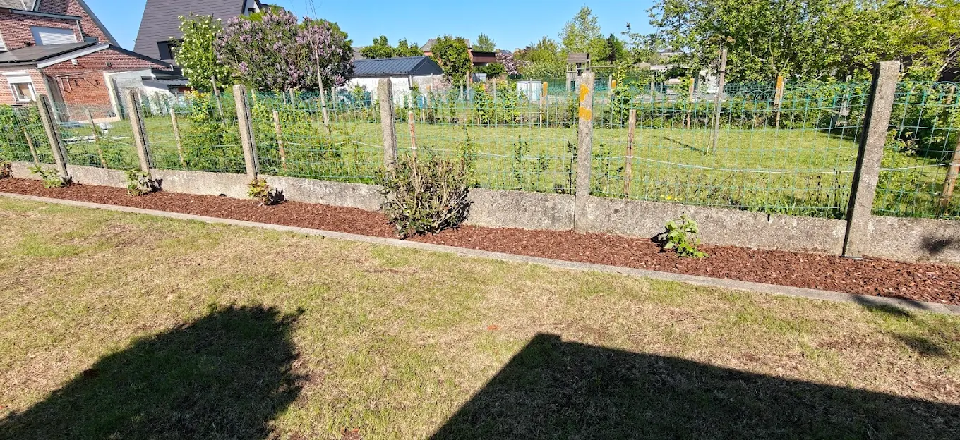 Beplanting langs haag met houtschors